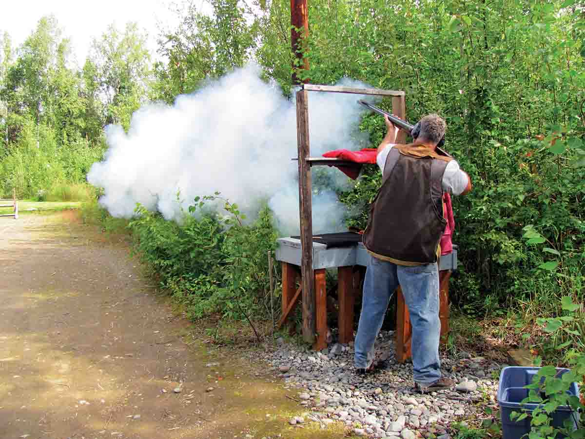 Shooting a full load from the Robert Hughes 4-bore double rifle.